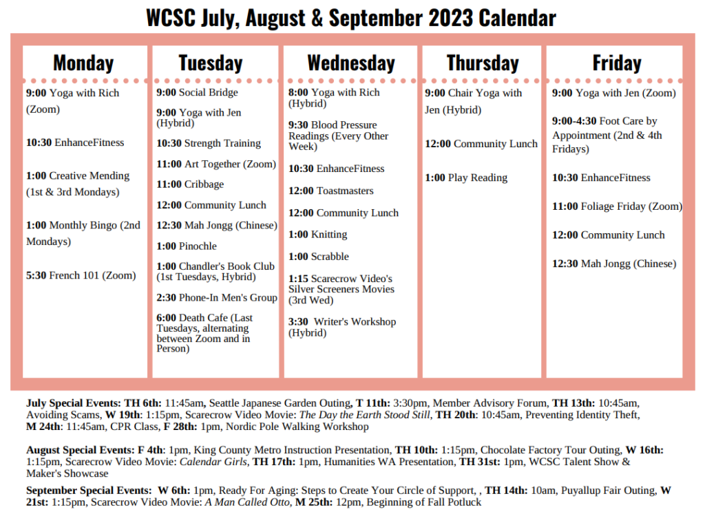 Program calendar by days of the week, with special events for July-Sept below