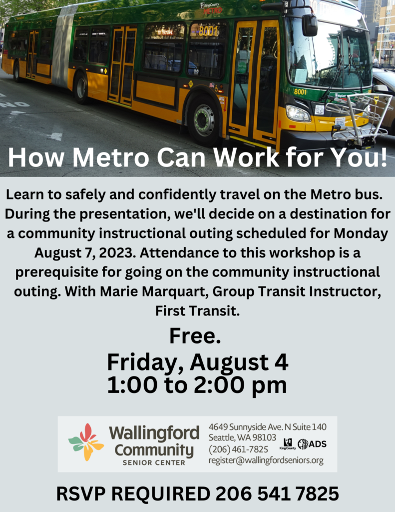 Learn to safely and confidently travel on a metro bus. During the presentation we'll decide on a destination for a community instructional outing scheduled for Monday August 7, 2023. Attendance to this workshop is a prerequisite for going on the community instructional outing. Friday August 4, 1 to 2pm