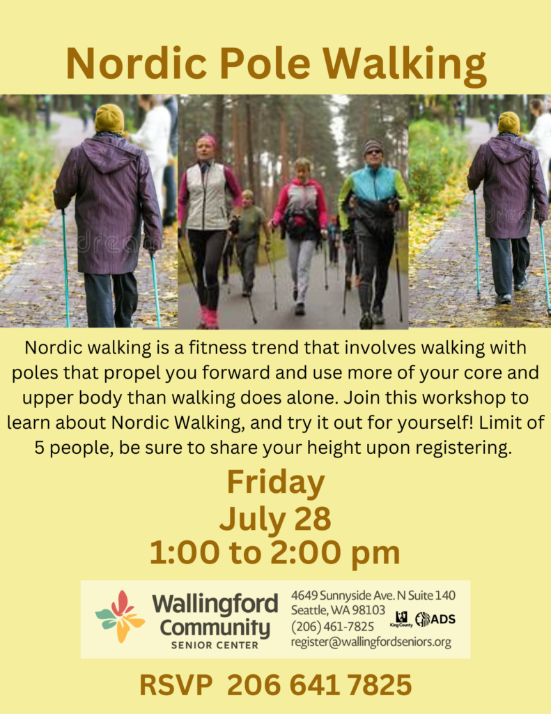 Nordic walking is a fitness trend that involves walking with poles that propel you forward and use more of your core and upper body than walking does alone. Join this workshop to learn about Nordic Walking, and try it out for yourself! Limit of 5 people, be sure to share your height upon registering. Friday July 28, 1pm to 2pm