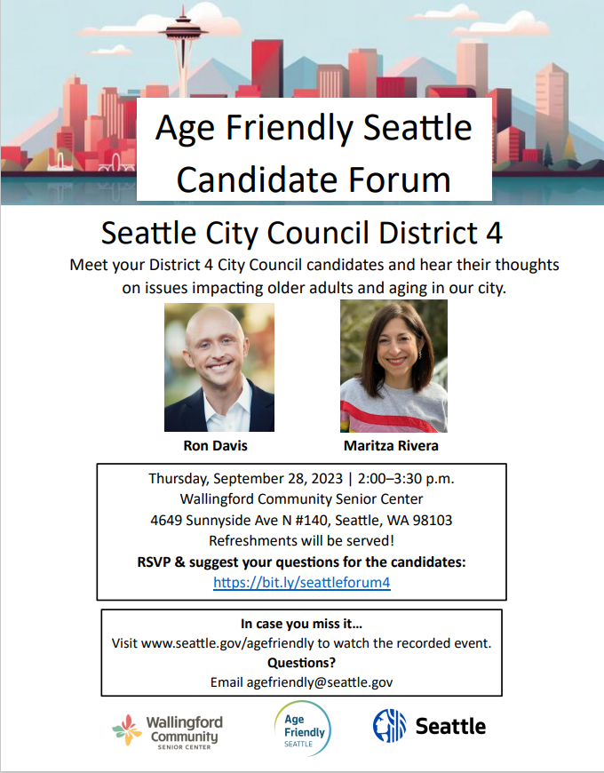Thursday, September 28 2023. 2pm to 3:30pm. Refreshments will be served! Meet your District 4 City Council candidates and hear their thoughts on issues impacting older adults and aging in our city. 