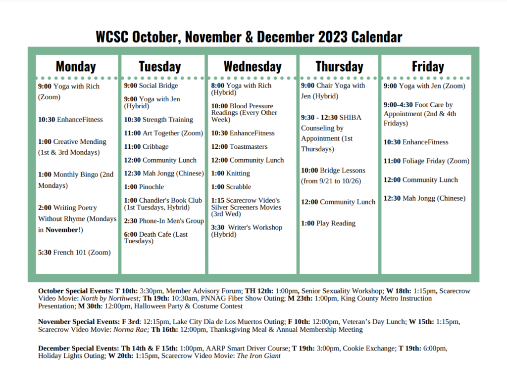Program calendar by days of the week, with special events for Oct-Dec below