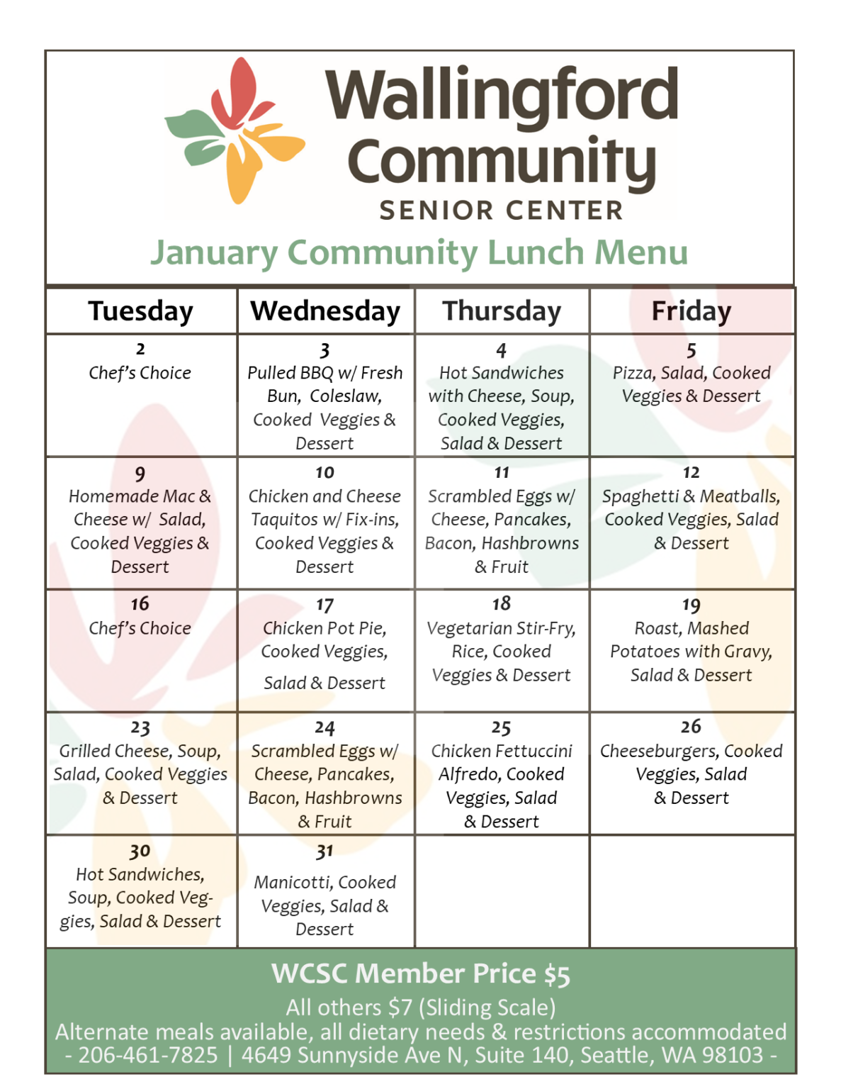 Lunch Menu, January 2024 Wallingford Community Senior Center